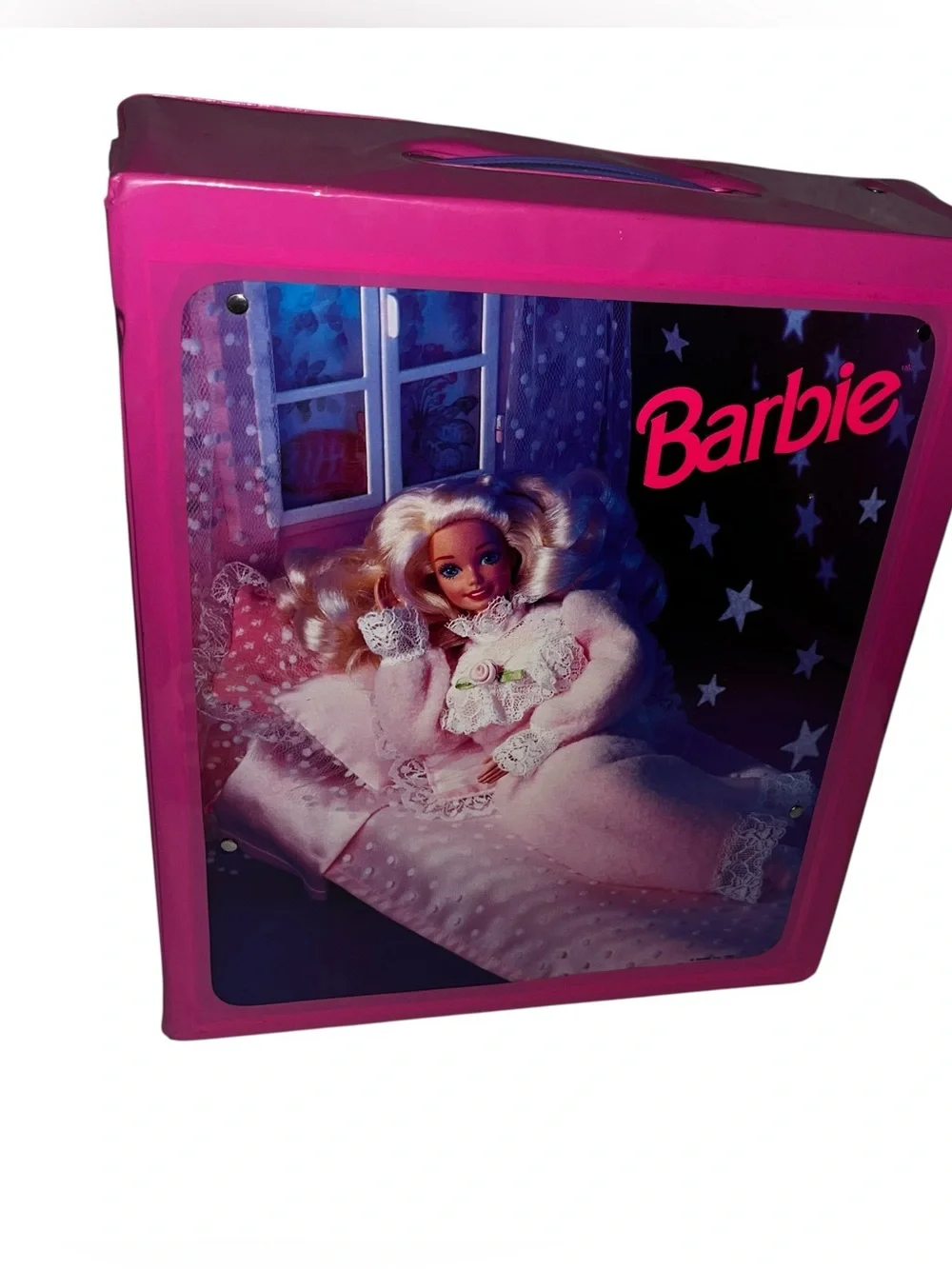 Vintage 90s Bedtime Barbie Doll Soft Sculpt Pink Carrying Case Foldout Bedroom